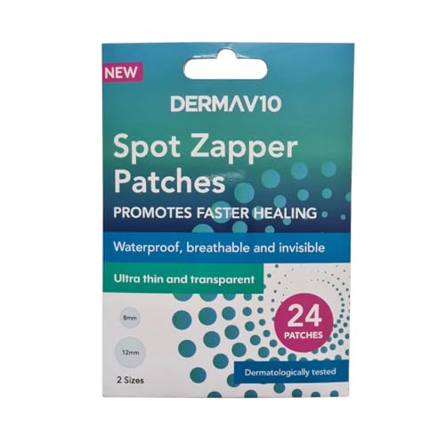 Derma V10 Spot Zapper Patches, Pack Of 24 Hydrocolloid Patches To Promote Faster Healing For Blemishes And Pimples, Waterproof, Breathable, Long Lasting, Invisible, Dermatologically Tested, 2 Sizes