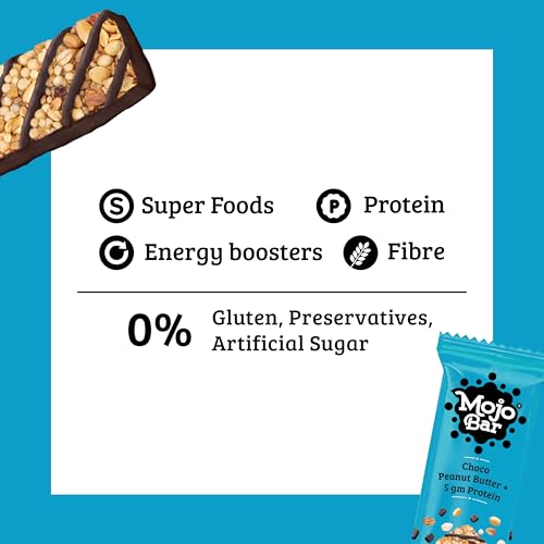 Image of Mojo Bar Energy Bars Choco Peant Butter + 5gm Protein | 100% Whole Grains, Nut & Fruit | High Energy & Granola Bars | 5g Protein Snack | Pack of 6 x 32g Energy Bars | Gluten Free & No Preservatives