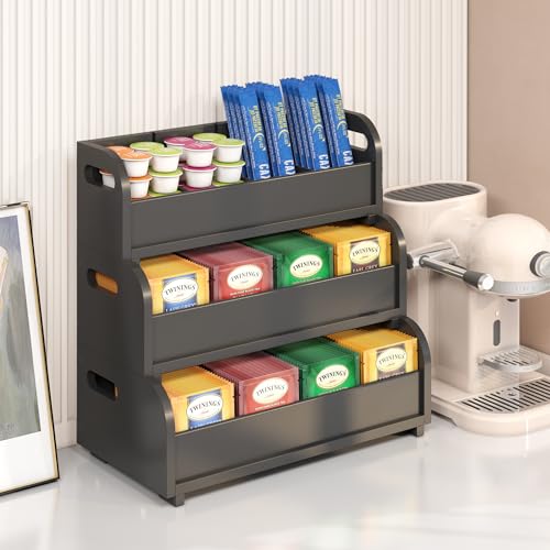 Wisuce Tea Holder for Tea Bags Organizer - Black Bamboo Tea Organizer for Tea Bags 3-Tier Stackable Wall Mount Large Capacity Tea Storage Box to Pantry Countertop Kitchen Office