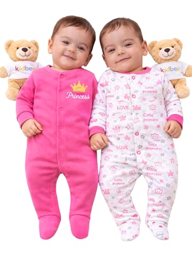 Image of Kidbee Baby Cotton Romper Pack of 2 | 100% Soft Cotton Hosiery | Front Open Snap Buttons | Full Sleeve Footed Sleepsuit | Newborn Baby Clothing Set
