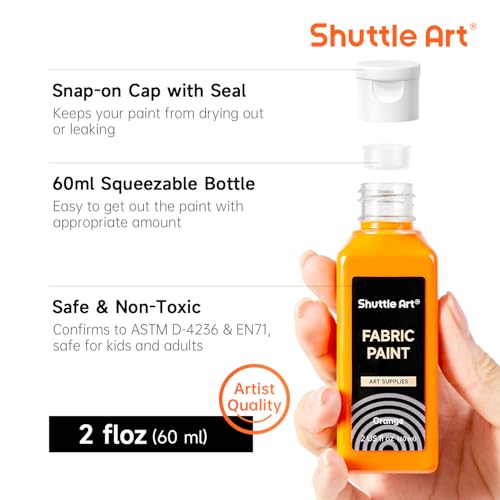 Shuttle Art Fabric Paint Permanent for Clothes, 18 Colours Fabric Paints in Bottles (60ml/2oz) with Brushes, Palette, Stencils, Non-Toxic Textile Paints for T-Shirt, Shoes, Bag, Jeans, No Heating Need