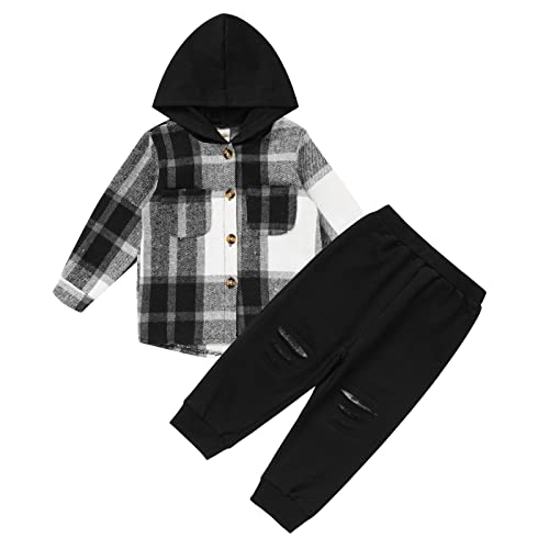 Image of GRNSHTS Toddler Baby Boy Clothes Long Sleeve Tops Plaid Hoodie Sweatshirt + Sweatpants Little Boy Fall Winter Outfits Set(Black,1-2T)