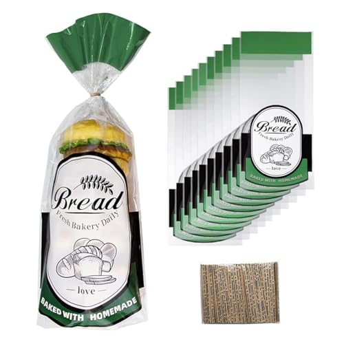 LESIBAG Lesibag - Bread Bags for Homemade Bread or Bakery, 100 Packs Plastic Bread Bags to Keep Bread Fresh, Printed Loaf Bag with Ties - 18 X 8 X 3 inch (Green)
