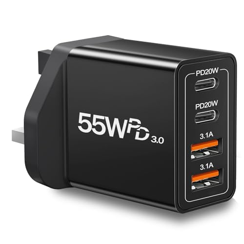 UK USB C Charger, 55W UK Travel Plug Adapter 4-Port Fast Charging Block Type G Plug Adapter UK Ireland Plug Charger for iPhone 17 16 15 14 13 12 11 Pro Max X 8, Galaxy, LG, Pixel, Android