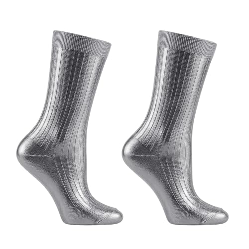 Metallic Silk Sock Elegant Shiny Foil Glitter Ribbed Socks Soft Ribbed Fit All-Season Temperature for Unisex(Silver One Size)