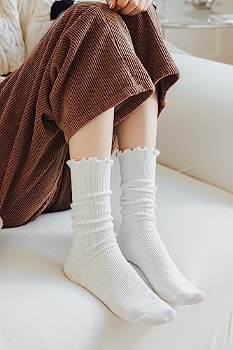 MarJunSep Women's Cute Ruffle Frilly Socks Neutral Thin Cotton Knit Crew Socks Ribbed Slouch Lettuce loafer Socks Teen Girls2