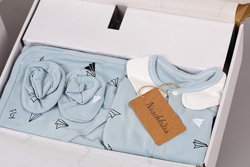 Set de regalo para recién nacidos – Ropa de bebé de algodón 100% con biberón y chupete – Unisex 0–6 meses – Naschkuss® Set de 22 piezas ideal para nacimiento, baby shower o canastilla