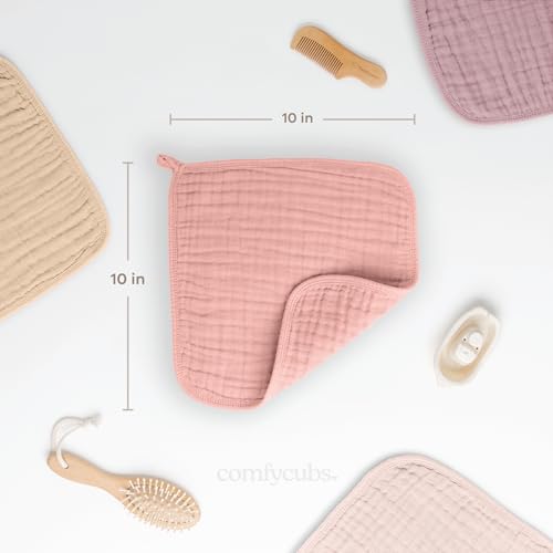 Image of Comfy Cubs Muslin Baby Washcloths 6 Pack - Soft 6-Layer Cotton Wash Cloths for Sensitive Skin - 10 inchx10 inch Large, Gentle, Absorbent Infant Essentials for Newborn and Toddlers - Bold Blush