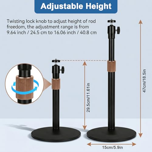 Image of ZORBES Aluminum Alloy Phone & Tablet Desk Stand with 360 Rotating 1 /4'' Ball Head Mount, Telescopic Height 30-45.5cm Heavy Base Holder Universal Live Streaming, Vlogging, Webcam