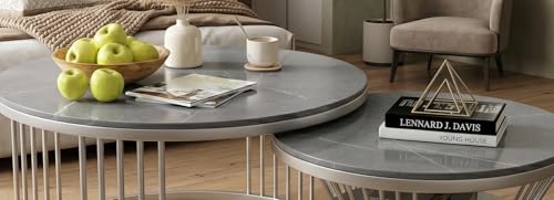 Image of Modern Round Nesting Coffee Table Set of 2 with Marble Finish Top & Metal Frame | Space Saving Nesting Center Table for Living Room, Bedroom, Office Lounge | Contemporary Circular Coffee Table Set