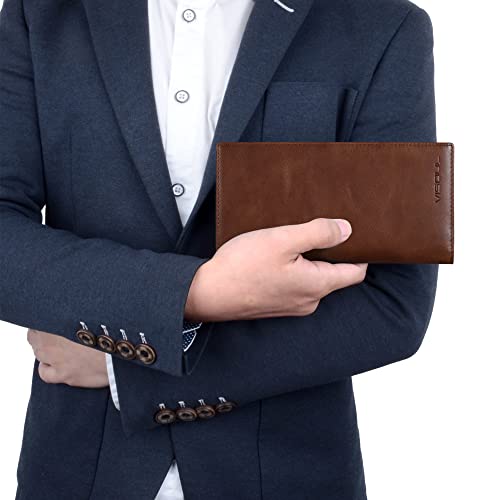 Image of VISOUL Leather Checkbook Cover Wallet for Men with RFID Blocking, Mens Long Bifold Cash Tall Wallet with 11 Credit Card Slots 1 ID Window (Brown)