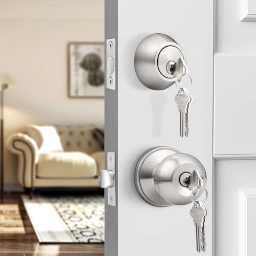 Probrico 3 Pack Exterior Door Knob and Single Cylinder Deadbolt Lock Combo Set, Brushed Nickel Front Door Handle with Lock and Key, Keyed Alike