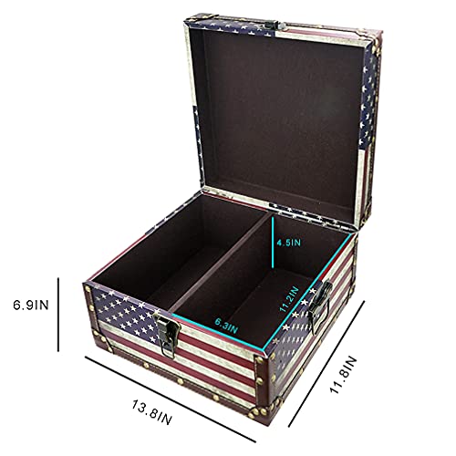 Dreamseden Large Vintage Decorative Storage Trunk - Wooden American Flag Treasure Chest Box, 13.8" X 11.8" X 6.7" #TOP4