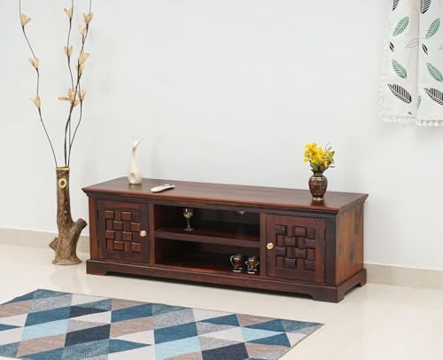 Image of Solid Wood TV Unit for Living Room 55 Inch Furniture - Wooden TV Unit with Storage Cabinet with 2 Door, 2 Shelves Wooden TV Cabinet for Living Room - Fits up to 55-Inch TV (Jason)