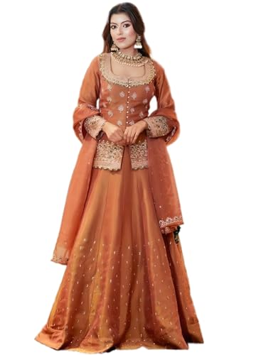 Image of Suppar Sleave Women's Chanderi Silk Embroidered Kurta Set with Lehenga Style Bottom & Dupatta | Bollywood Style Embroidery lehenga Choli Set For Woman