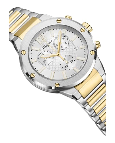 Ferragamo F-80 Chrono Collection Luxury Mens Watch Timepieces with a Two Tone Bracelet and Case Featuring a Silver Dial3