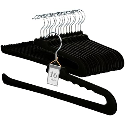 Velvet Pants Hangers,16 Pack Black Non Slip Felt Slack/Trouser Hangers,Slim & Sleek Heavy Duty Space Saving Closet Hangers with 360° Swivel Hook,Tank Top Hangers for Shorts,Jeans,Suit Pants,Towel Cover