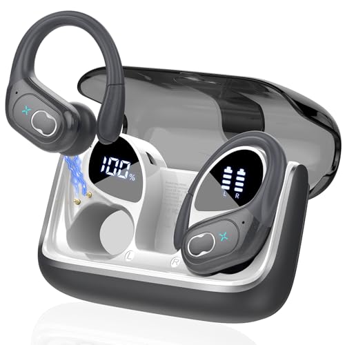 STECEi Auriculares Inalámbricos Deportivos, Auriculares Bluetooth 5.4 con HD Micrófono, 75H de Reproducción con Cancelacion Ruido ENC, IPX7 Impermeable Cascos Inalambricos Running Gris Hierro