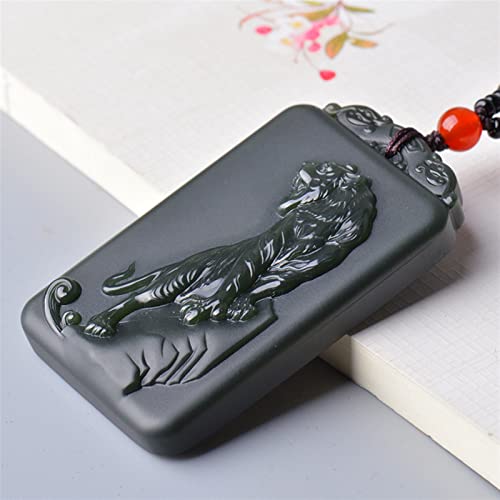 Collier en jade noir véritable sculpté main, pendentif tigre unique d'exception