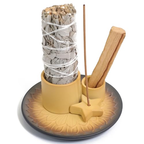 BEYLAB Porta Incienso 4 en 1 con diseño de Estrella, Cuenco de cerámica para Incienso, Varillas de Incienso, Soporte para Palo Santo, Salvia Blanca, Conos de Incienso Velas