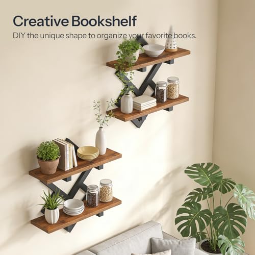 Image of HOOBRO 15 inch Floating Shelves for Wall, Set of 2 Wall shelf, 2-Tier Hanging Shelves, Wall Mounted Storage Shelf, Display Rack, for Living Room Bedroom Kitchen Bathroom, Rustic Brown and Black BF14BJP201