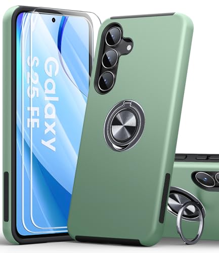 AOUIA for Samsung Galaxy S25 FE Case with 2-Pack Screen Protector 3-in-1 Set Cover 360Rotating Ring Stand Military Protection Shockproof Phone Case for Samsung S25 FE Green