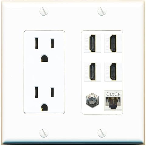 RiteAV 15A Power Outlet 4 Port HDMI 1 x Cat5e Ethernet Coax Cable TV Wall Plate (White) Cover