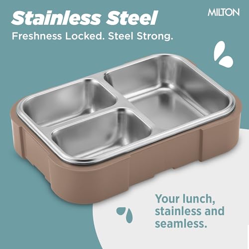 Image of MILTON Bravo 3 Inner Stainless Steel Tiffin Box for School, 3 Partition, Steam Release Plug| PU Insulated, Leak-Proof, Food Grade I Lunch Box for Kids Boys, Girls with Snap Lock Lid, 600 ml, Ivory