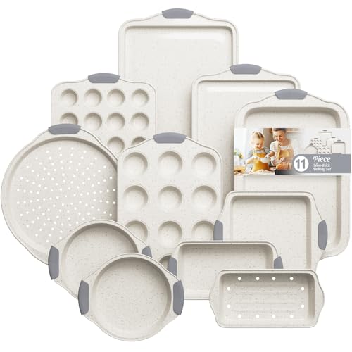 11-Piece Nonstick Baking Pans Set, Stackable Non Toxic Bakeware Sets with Cookie Sheets, Cake Pan, Loaf Pan, Pizza Pan, Muffin Pan, White&Gray