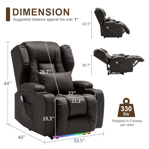 Image of DRMBOOK Power Recliner Chair, Electric Wall Hugger Reclining Sofa with Massage & Heat, Overstuffed Movie Theater Seating with LED /USB Ports /Cup Holders for Living Room (Leather Brown, 1 Chair)