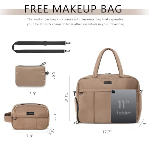 Travel Duffel Bag, Puffy Sports Tote Puffer Gym Bag with Toiletry Bag & Shoes Compartment, Quilted Weekender Overnight Bag for Women (Brown)2