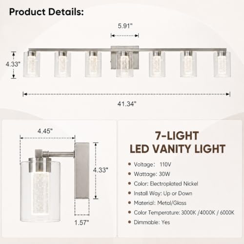 Image of 7-Light LED Vanity Light Fixtures for Bathroom,Electroplated Nickel | Bathroom Light Fixtures Over Mirror, 3 Color Lighting, Crystal Bubble Glass & Clear Glass Shade, Modern Vanity Light