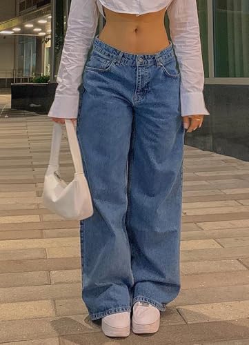 Women's Casual High Waist Straight Leg Jeans Stretch Distressed Baggy Wide Leg Boyfried Denim Pants with Pockets3