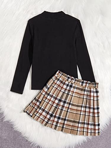 Image of Floerns Girls 2 Piece Outfit High Neck Tee Shirt with Plaid Mini Skirt Set Black Bear 8Y