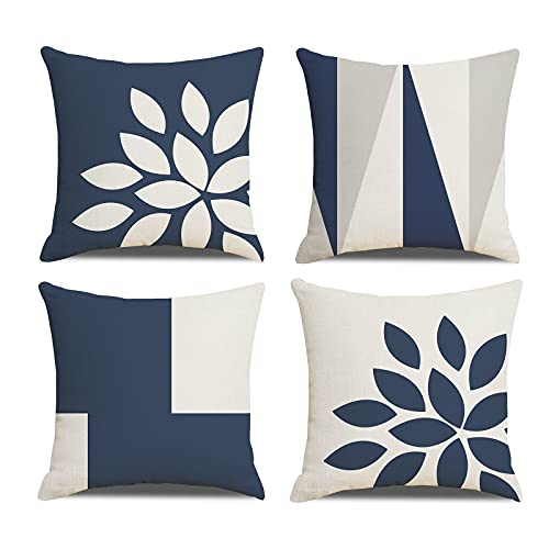 Throw Pillow Covers,Decorative Boho Throw Pillow Covers Printed Geometry Throw Pillow Covers Set of 4 Linen Square Cushion Covers Pillow Case for Room Sofa Bed Home Farmhouse(Navy Blue 18X18 Inch)