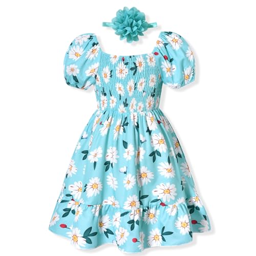 HIHA Toddler Little Girls Summer Floral Dress Smocked Dress with Headband