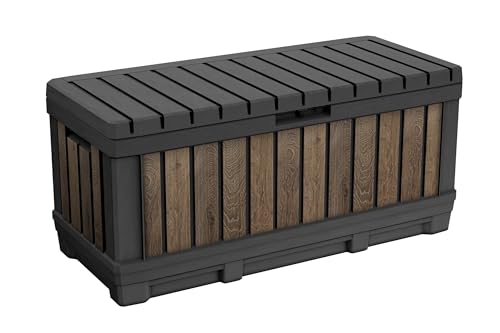 Keter Signature Collection 92 Gallon Resin Deck Box Organization and Storage Box for Patio Outdoor Cushions, Throw Pillows, Garden Tools and Pool Supplies, Walnut