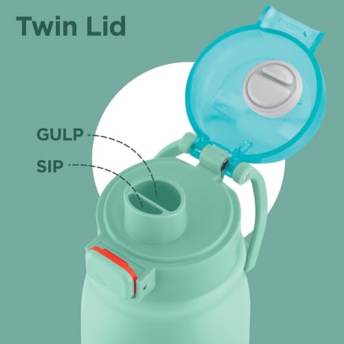 Image of MILTON Reva 1000 ISI Certified Stainless Steel Water Bottle with Twin Lid Sip or Gulp, 1 Litre | Single Wall, BPA-Free, Leakproof | Sturdy Handle | Ideal for Home, Office, Gym & Travel, Aqua Green
