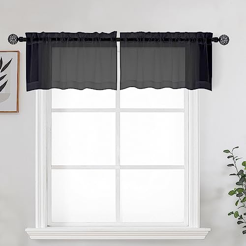 Image of OWENIE Black Sheer Kitchen Valance for Windows Set of 2, Small Modern Rod Pocket Voile Valance Curtain Window Treatment Decor for Living Room Bathroom Cafe Laundry Basement, 42 inch W x 14 inch L