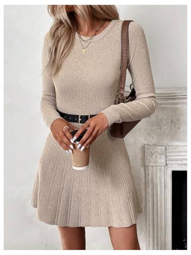 MakeMeChic Women's Sweater Dress Ribbed Knit Aline Flare Short Dresses Without Belt4