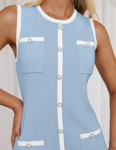 ZESICA Women's 2025 Summer Sleeveless Mini Dress Crewneck Button Knit Color Block Bodycon Party Short Dresses with Pockets3
