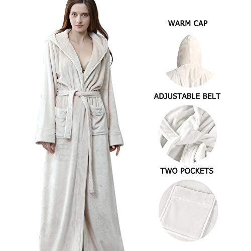Long Hooded Bathrobe For Womens Flannel Fleece Robes Nightgown Sleepwear Beige #TOP2