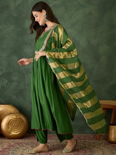 Image of Naixa Women's Chanderi Embroidered Flared Kurta with Pant and Dupatta Sets (NX-762)