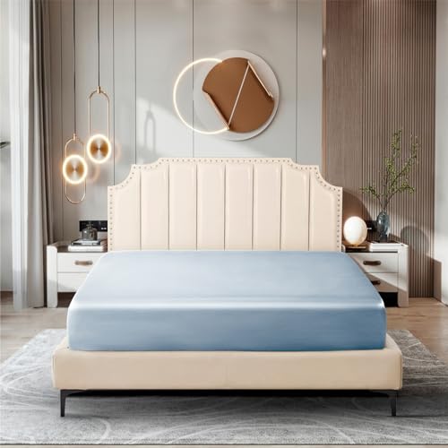 Image of Ersmak Silk Satin Fitted Sheet, Soft Deep Pocket Bottom Luxury Full Fitted Sheet, Wrinkle Free, Breathable, Fade Resistant - Baby Blue