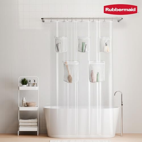 Rubbermaid Clear Waterproof Shower Curtain Liner with 5 Storage Pockets, Heavyweight PEVA Shower Liner for Bathroom, with White Rustproof Grommets and Mesh Pockets, 70x72, Standard Size, Clear - image 8