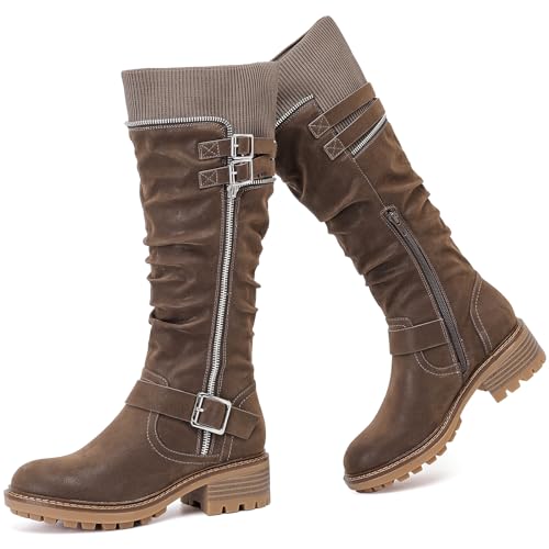 Knee High Boots for Women Comfort Low Heeled Tall Long Boot Round Toe Fall Winter Flat Riding Combat Womens Boots. 6 Black Lpu 964 New