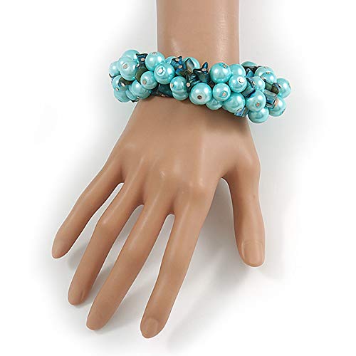 Avalaya Solid Chunky Light Blue Glass Bead, Teal Sea Shell Nuggets Flex Bracelet - 18cm L - Image 2