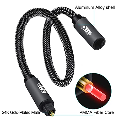 Image of EMK Optical Audio Cable(6.6ft /m) Toslink Male to Female Audio Adapter Cable,Extension Adapter Nylon Braided Cord Compatible for Home Theater, Sound Bar, TV,Xbox,and More,Black