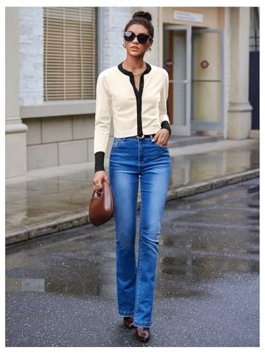 Image of WDIRARA Women's Button Front Crop Cardigan Sweaters Long Sleeve Contrast Trim Knit Cardigan Tops Apricot Small