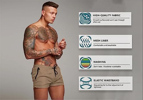 Mens Swim Trunks Quick Dry Swimwear Zipper Pockets, Swim Shorts With Mesh Lining Khaki #TOP3